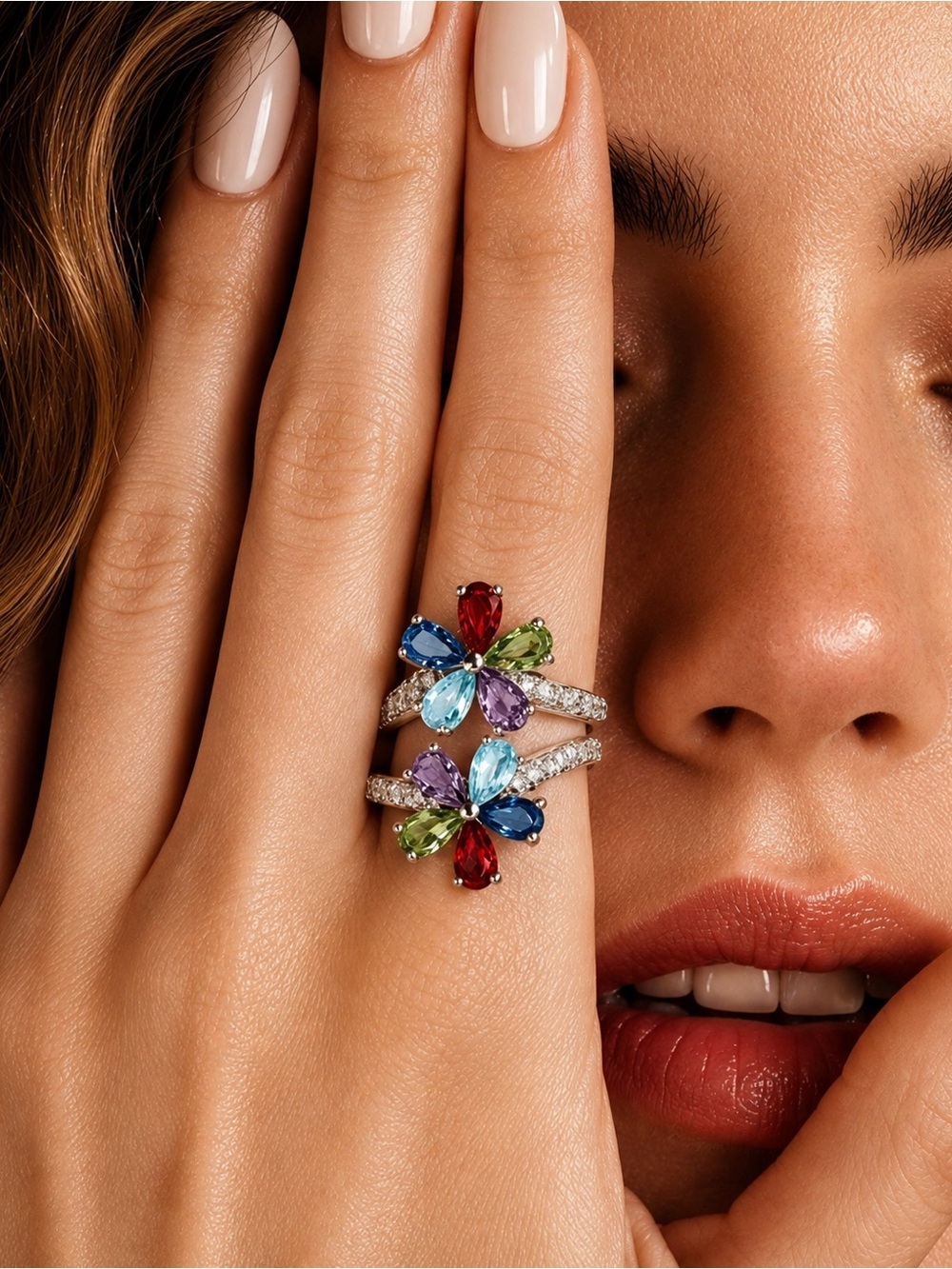 Multi-Color Flower Crystal Adjustable Ring - Women Jewelry